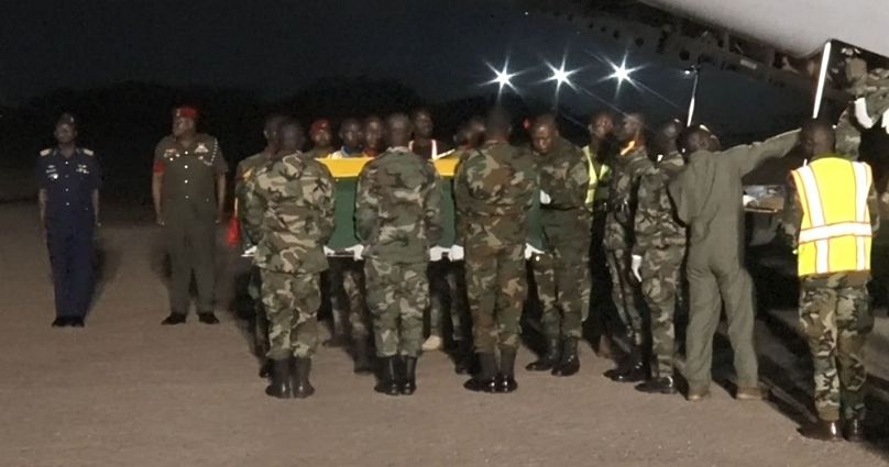 The eight victims of a helicopter crash in Ghana were received with military honours in Accra. Aug. 6, 2025.